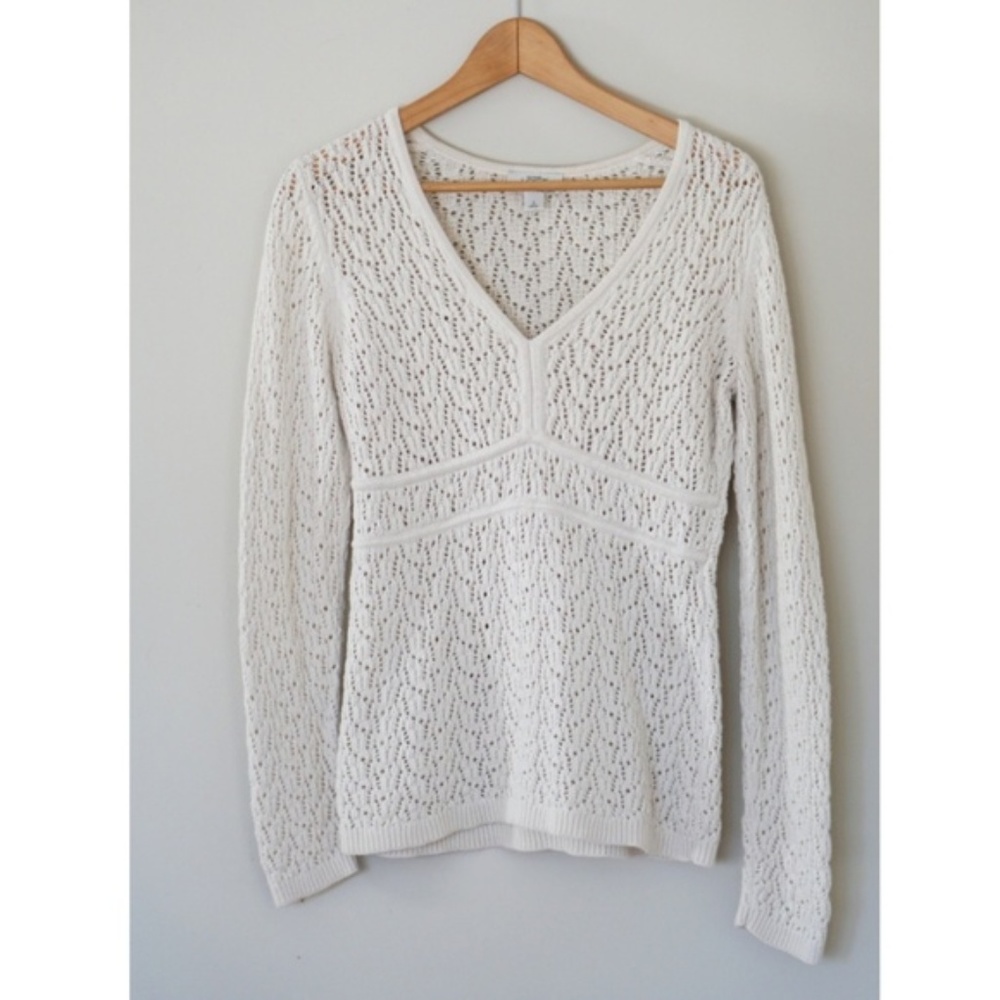 LOFT Lightweight V Neck Cream Knit Boho Sweater